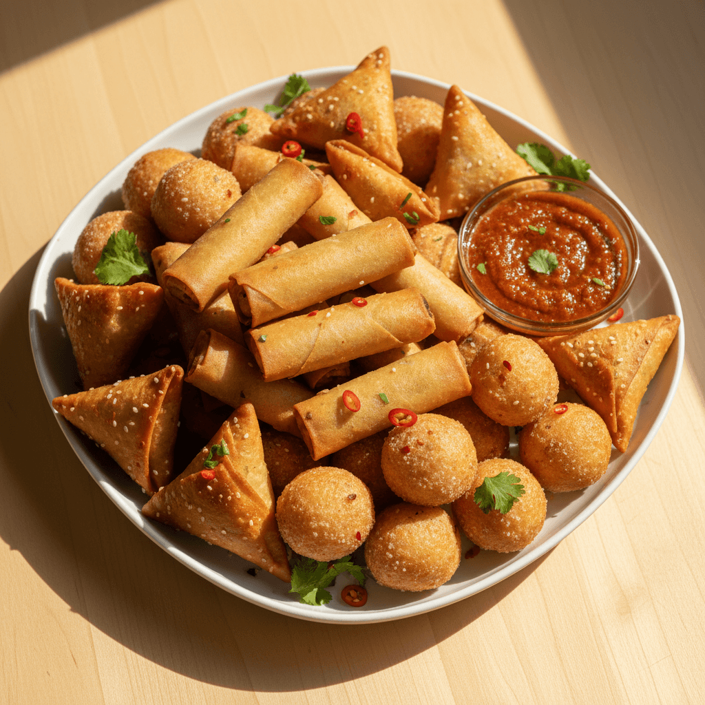 Platter of assorted Nigerian snacks including spring rolls, samosas, and puff-puff with dipping sauce