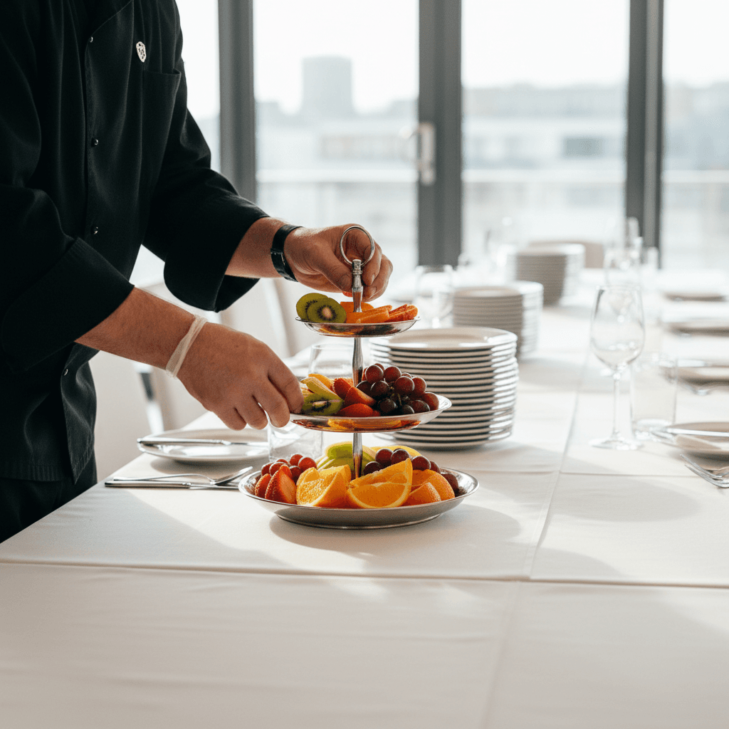Caterer's hands arranging a fruit platter on a white tablecloth at a corporate event in Lagos