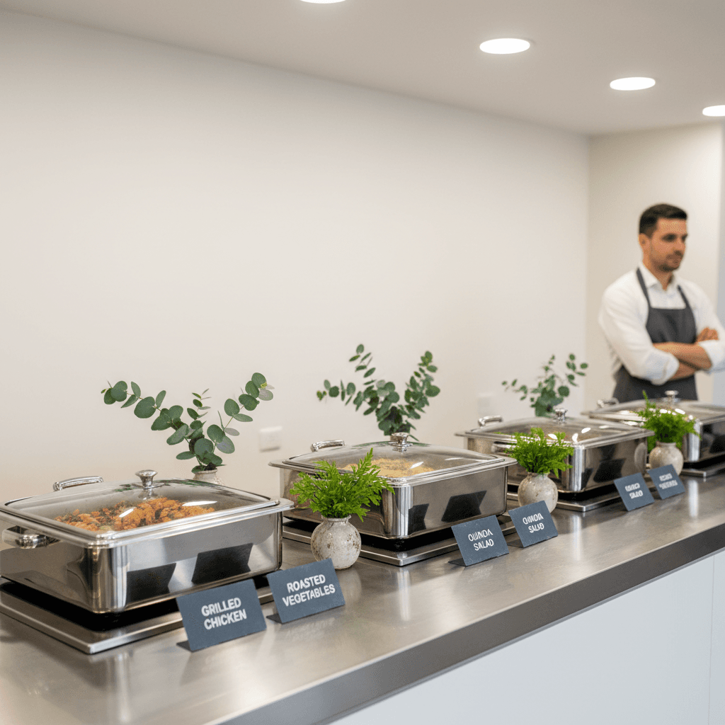 Neatly arranged corporate buffet setup with chafing dishes and fresh greenery on a clean table