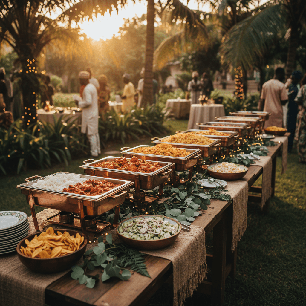 Outdoor wedding buffet table with rice dishes, salads, and party jollof in chafing dishes, golden hour light