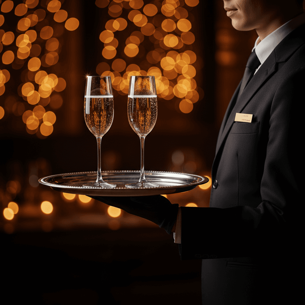 Server holding a silver tray with champagne flutes at a dimly lit reception with bokeh lights