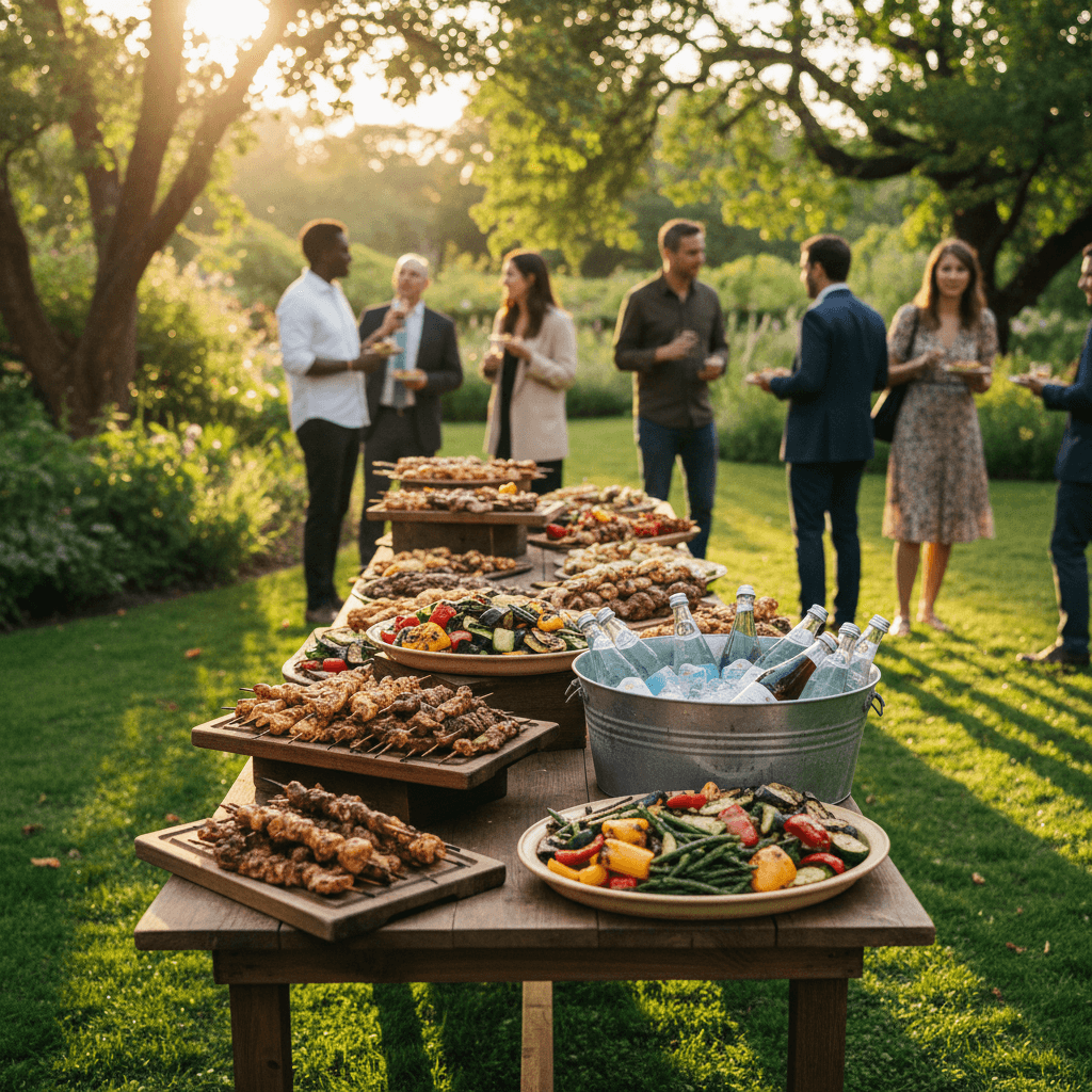 Outdoor garden catering station with wooden boards and ceramic platters under golden hour sunlight
