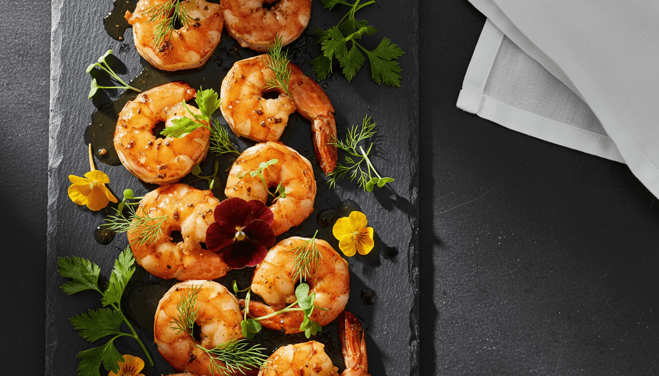 Close-up of a glossy grilled prawn platter with herbs and edible flowers on dark slate