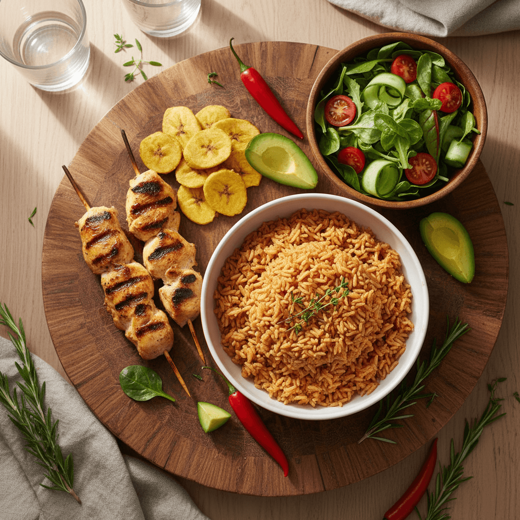 A vibrant jollof rice platter with grilled chicken and fried plantain, served on a wooden board, overhead view