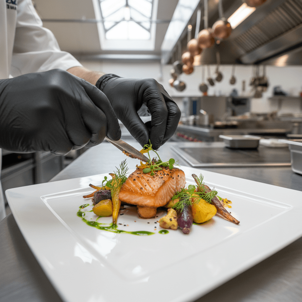 Chef plating a salad in a catering kitchen