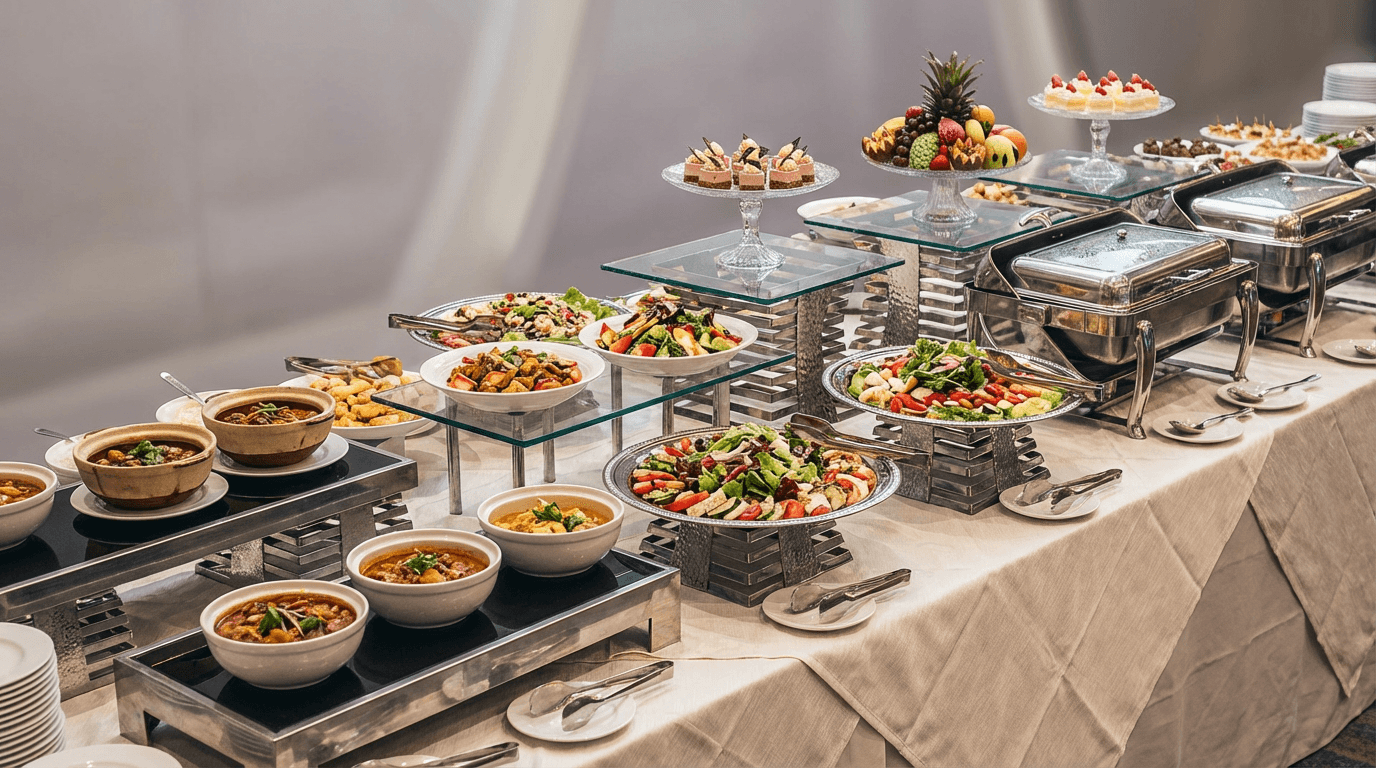 Corporate buffet setup with glass salad bowls, sandwich platters, and fruit trays on a white table