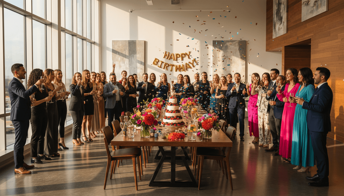 Birthday celebration table with a personalized cake, cupcakes, treat boxes, and confetti
