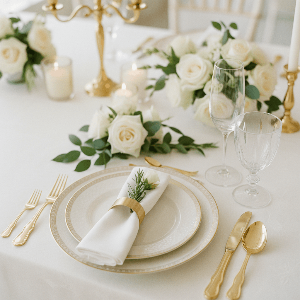 Elegant wedding table setting with gold flatware, white linens, and floral centerpieces in a sunlit venue