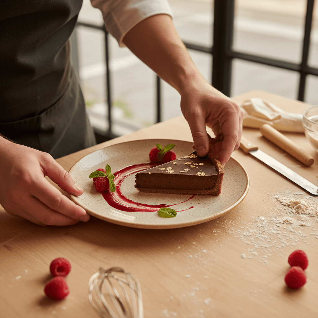 Chocolate cake slice with raspberry coulis