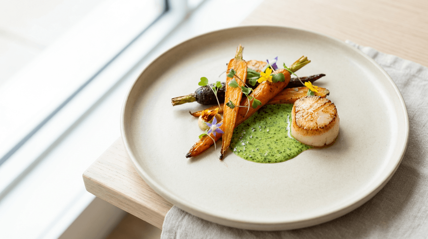 Elegantly plated catered dish on white ceramic plate, garnished with fresh herbs