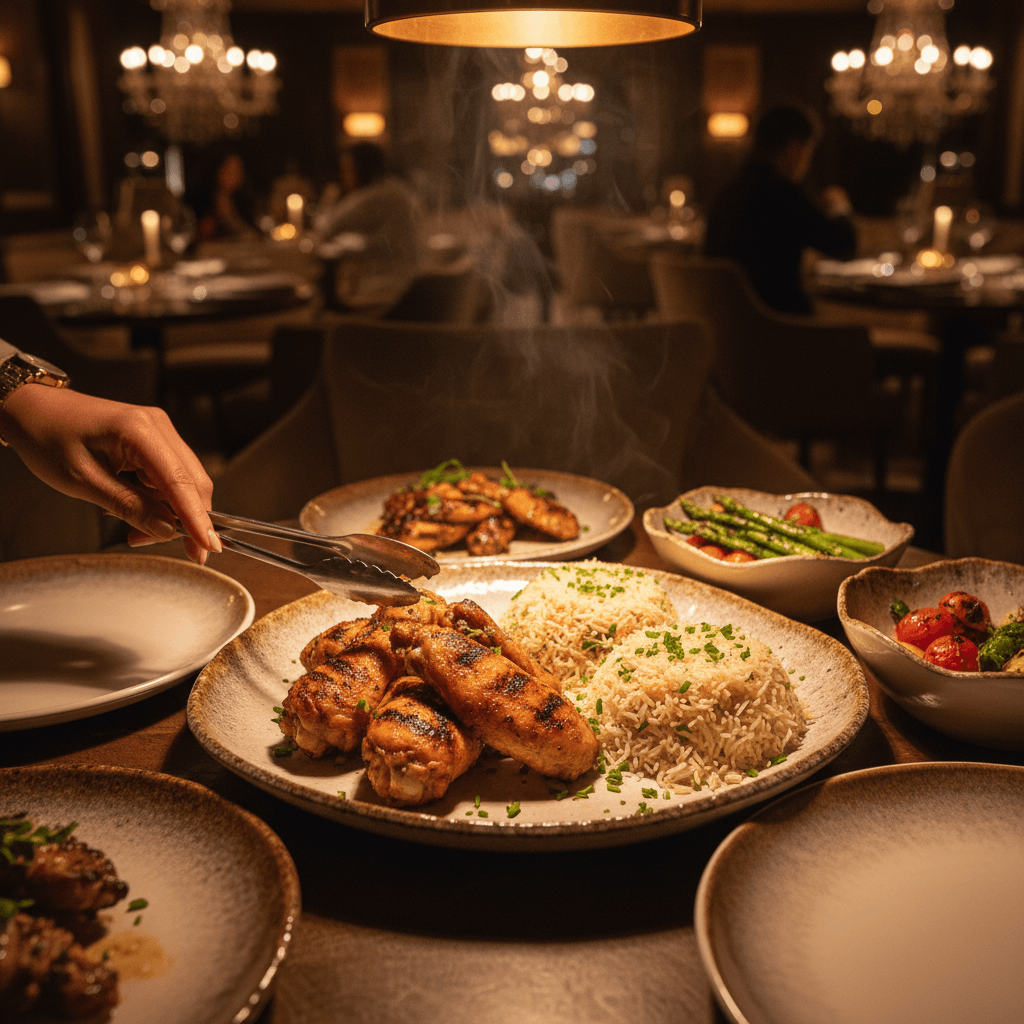 Plated grilled chicken with rice and herb sauce