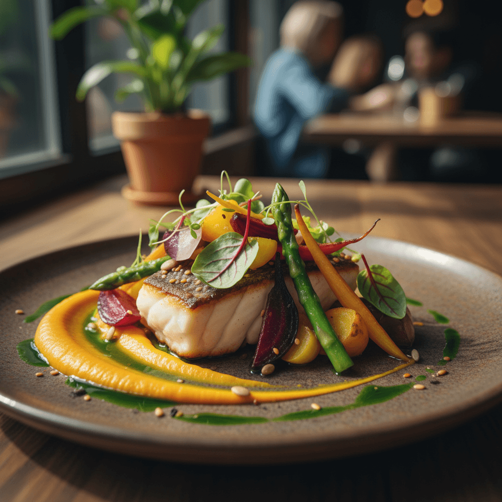 Elegantly plated meal on a table, soft natural lighting, warm tones